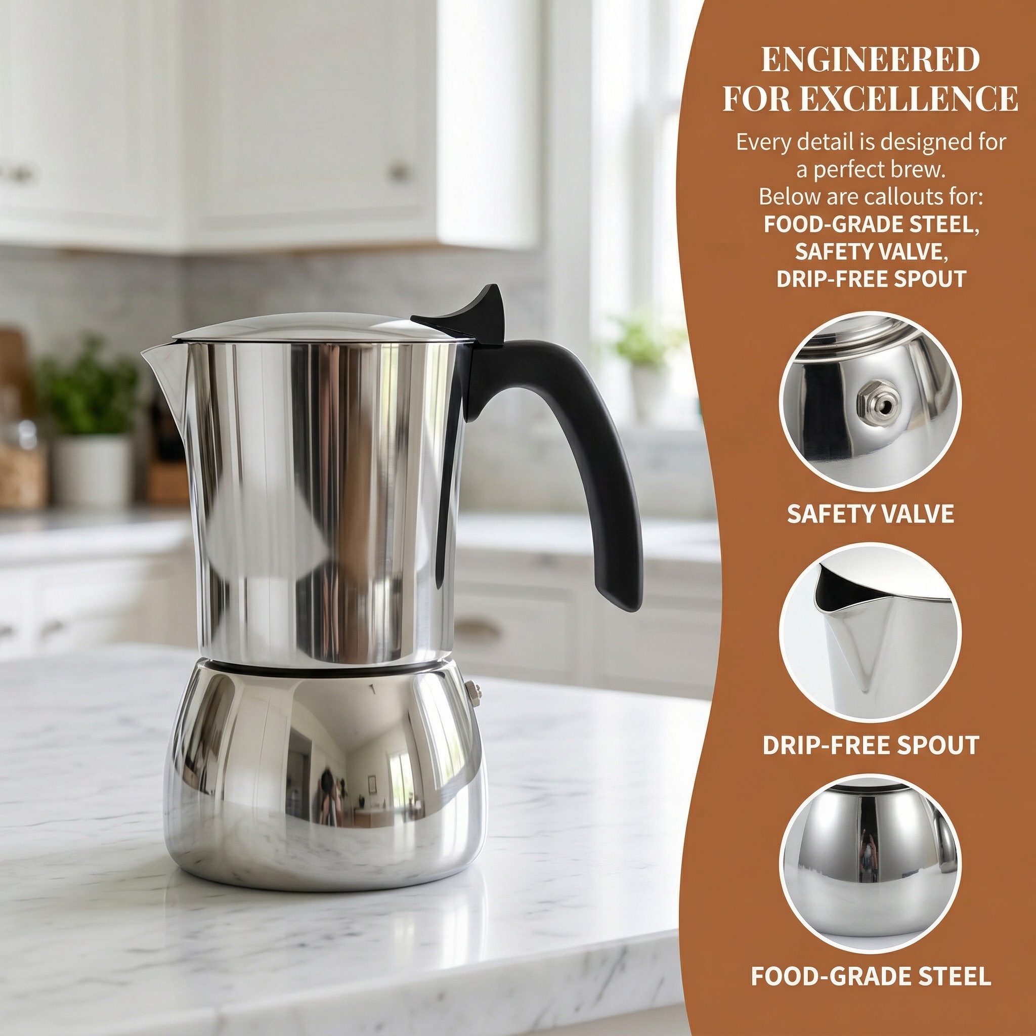 Home Office Work - 4/6 Classic Stainless Steel Moka Pot.